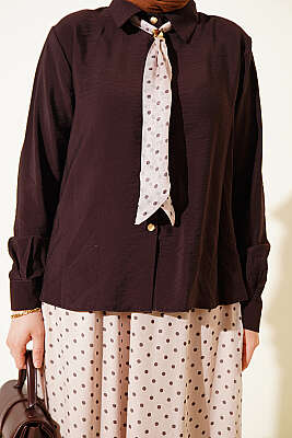 Puantiye Desenli Fularlı Etekli İkili Takım Kahve - İkili Takım