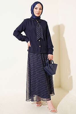 Puantiye Desenli Fularlı Etekli İkili Takım Lacivert - MUSTİ