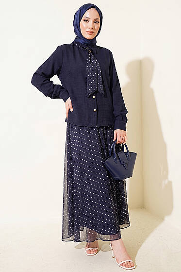 Puantiye Desenli Fularlı Etekli İkili Takım Lacivert - İkili Takım