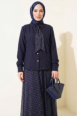 Puantiye Desenli Fularlı Etekli İkili Takım Lacivert - İkili Takım