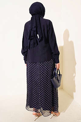 Puantiye Desenli Fularlı Etekli İkili Takım Lacivert - İkili Takım