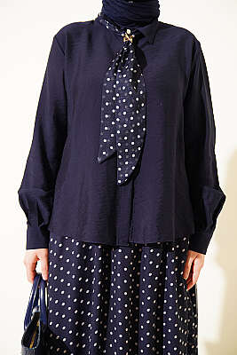 Puantiye Desenli Fularlı Etekli İkili Takım Lacivert - İkili Takım