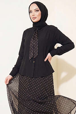 Puantiye Desenli Fularlı Etekli İkili Takım Siyah - MUSTİ