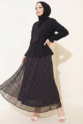 Puantiye Desenli Fularlı Etekli İkili Takım Siyah - İkili Takım