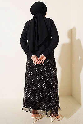 Puantiye Desenli Fularlı Etekli İkili Takım Siyah - İkili Takım