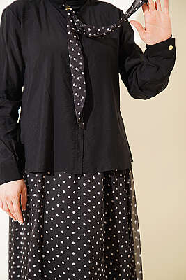 Puantiye Desenli Fularlı Etekli İkili Takım Siyah - İkili Takım