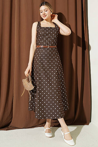 Puantiye Desenli Kemerli Elbise Kahve - Kadın Giyim Modelleri