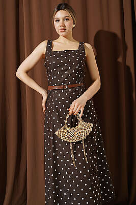 Puantiye Desenli Kemerli Elbise Kahve - Kadın Giyim Modelleri