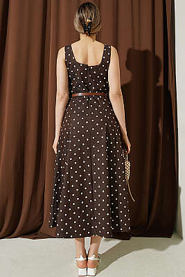 Puantiye Desenli Kemerli Elbise Kahve - Kadın Giyim Modelleri