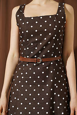 Puantiye Desenli Kemerli Elbise Kahve - Kadın Giyim Modelleri