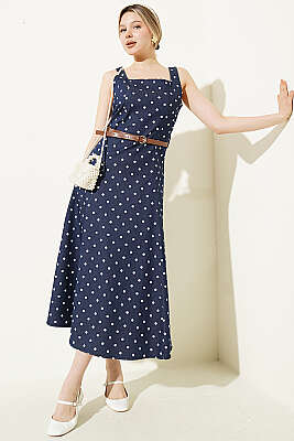 Puantiye Desenli Kemerli Elbise Lacivert - LEVURE