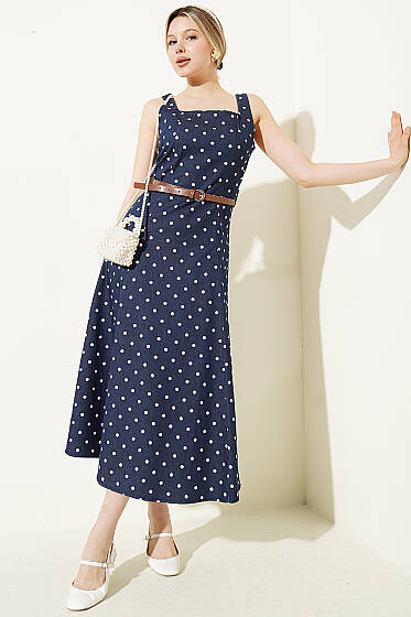 Puantiye Desenli Kemerli Elbise Lacivert - Kadın Giyim Modelleri