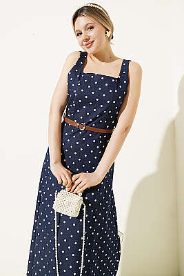 Puantiye Desenli Kemerli Elbise Lacivert - Kadın Giyim Modelleri