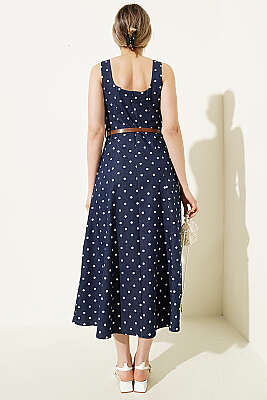 Puantiye Desenli Kemerli Elbise Lacivert - Kadın Giyim Modelleri