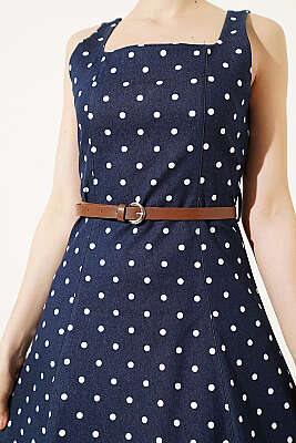 Puantiye Desenli Kemerli Elbise Lacivert - Kadın Giyim Modelleri