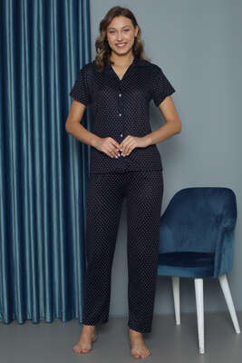 Puantiye Desenli Kısa Kol Kadın Pijama Takımı Lacivert - Kadın Pijama Takımı