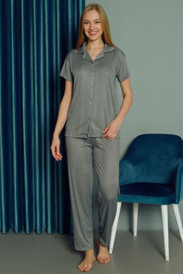 Puantiye Desenli Kısa Kol Kadın Pijama Takımı Nefti - Pijama & Gecelik