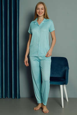 Puantiye Desenli Kısa Kol Kadın Pijama Takımı Turkuaz - Kadın Pijama Takımı