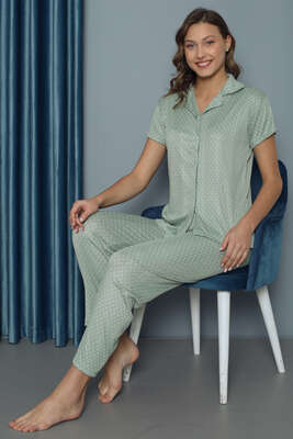 Puantiye Desenli Kısa Kol Kadın Pijama Takımı Yeşil - Thumbnail
