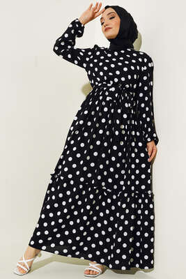 Puantiye Desenli Kuşaklı Elbise Siyah - SAS