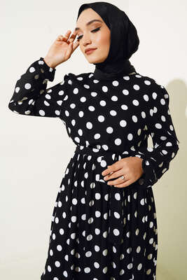 Puantiye Desenli Kuşaklı Elbise Siyah - Tesettür Elbise