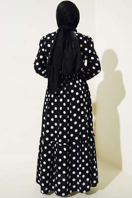 Puantiye Desenli Kuşaklı Elbise Siyah - Tesettür Elbise