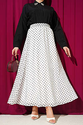 Puantiye Desenli Şifon Etek Beyaz - TEGOE