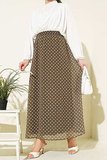 Puantiye Desenli Şifon Etek Haki - Etek