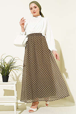 Puantiye Desenli Şifon Etek Haki - Etek