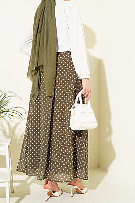 Puantiye Desenli Şifon Etek Haki - Etek