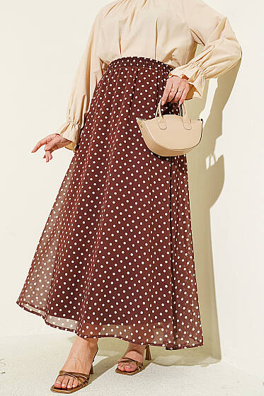 Puantiye Desenli Şifon Etek Kahve - Etek