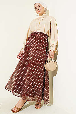 Puantiye Desenli Şifon Etek Kahve - Etek