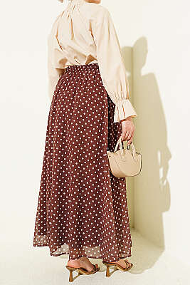 Puantiye Desenli Şifon Etek Kahve - Etek