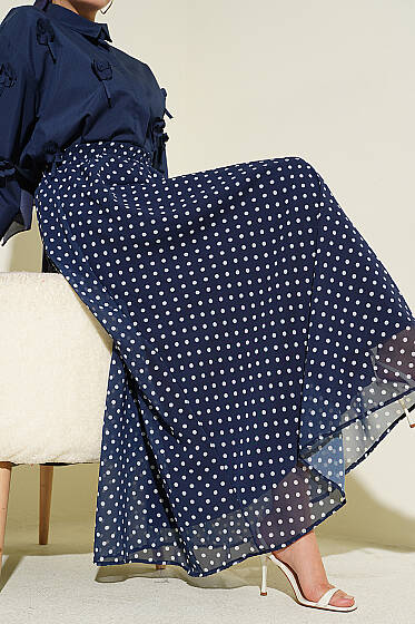 Puantiye Desenli Şifon Etek Lacivert - Etek