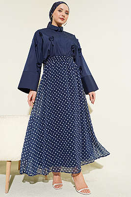 Puantiye Desenli Şifon Etek Lacivert - Etek