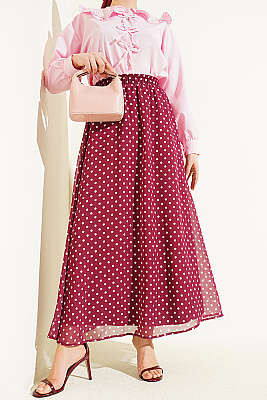 Puantiye Desenli Şifon Etek Mürdüm - TEGOE