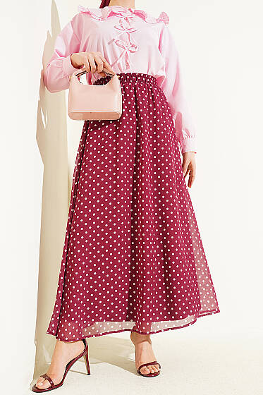 Puantiye Desenli Şifon Etek Mürdüm - Etek