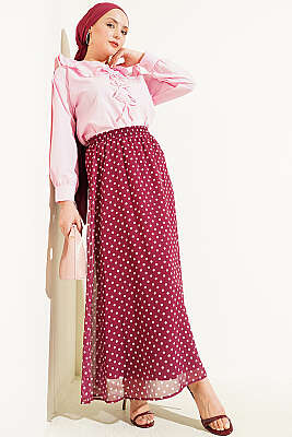 Puantiye Desenli Şifon Etek Mürdüm - Etek