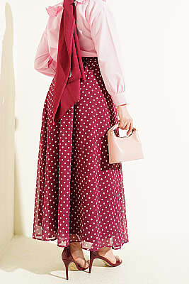 Puantiye Desenli Şifon Etek Mürdüm - Etek