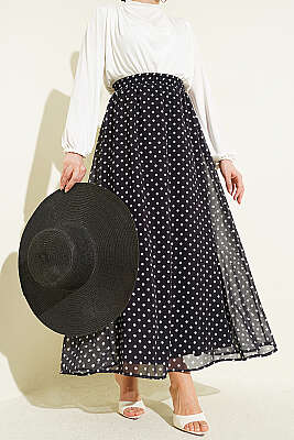 Puantiye Desenli Şifon Etek Siyah - TEGOE