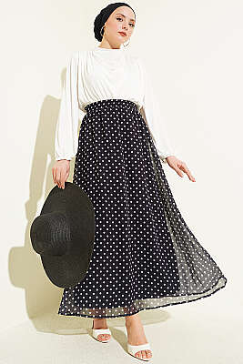 Puantiye Desenli Şifon Etek Siyah - Etek