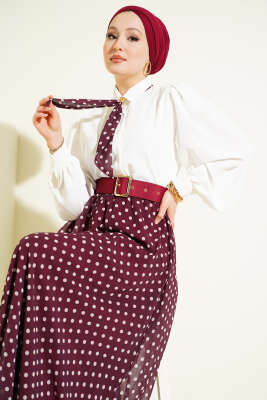 Puantiye Etekli Bluzlu İkili Takım Bordo - İkili Takım