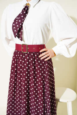 Puantiye Etekli Bluzlu İkili Takım Bordo - İkili Takım