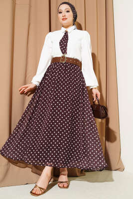 Puantiye Etekli Bluzlu İkili Takım Kahve 