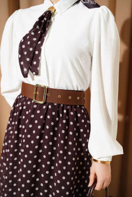 Puantiye Etekli Bluzlu İkili Takım Kahve - İkili Takım