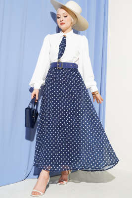 Puantiye Etekli Bluzlu İkili Takım Lacivert 