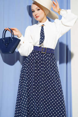 Puantiye Etekli Bluzlu İkili Takım Lacivert - İkili Takım