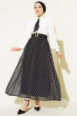 Puantiye Etekli Bluzlu İkili Takım Siyah - İkili Takım