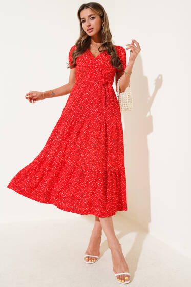 Puantiyeli Bel Lastikli V Yaka Midi Elbise Kırmızı - Kadın Giyim Modelleri