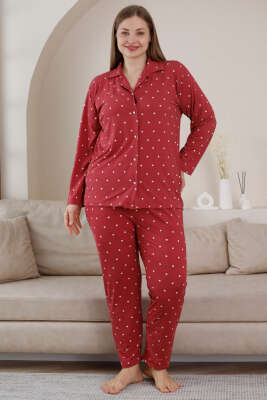 Puantiyeli Düğmeli Büyük Beden Pijama Takımı Gül Kurusu - Kadın Pijama Takımı